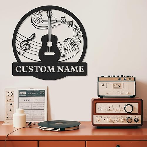 Letrero de metal personalizado de guitarra, letreros de metal personalizados, decoración de pared de notas musicales, arte de pared divertido con