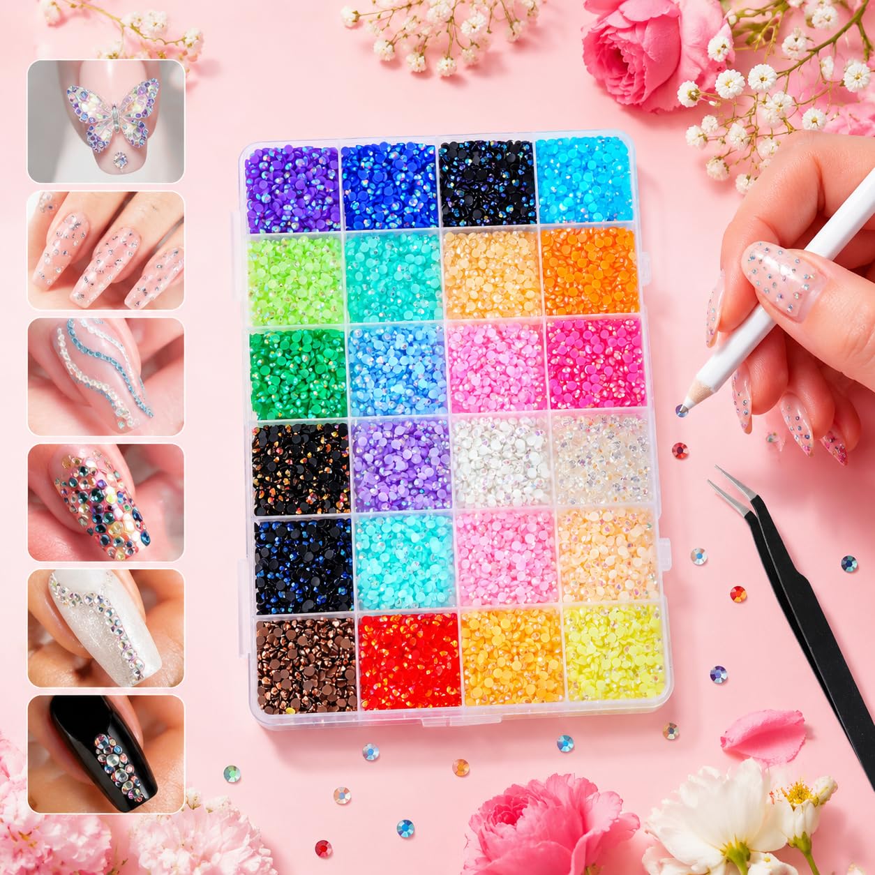 19200 pcs de strass pour ongles, 24 couleurs de strass de 3 mm pour le bricolage, strass ronds avec pince à épiler et stylo, kit de décoration pour ongles DIY (3 mm)