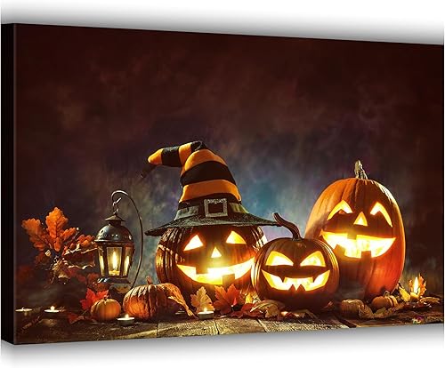 ZKBX - Lienzo decorativo con luces de calabaza de Halloween, arte de pared para decoración de interiores, 48 x 32 pulgadas