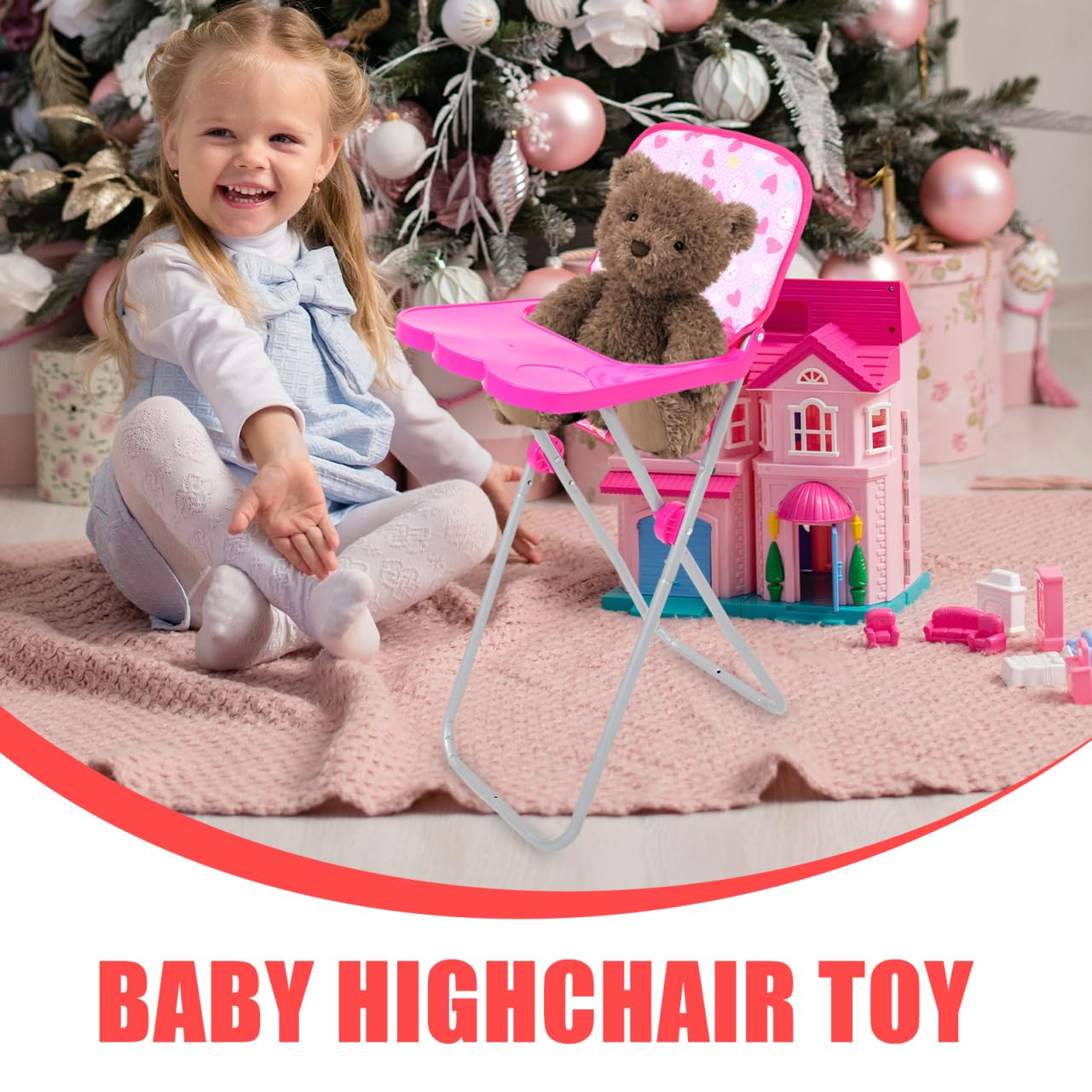 ORFOFE Silla Trona para Muñecas, Trona Alta Juguete para Niñas, Accesorios para Cosas de Muñecas, Juego de rol y Mueble Rosa