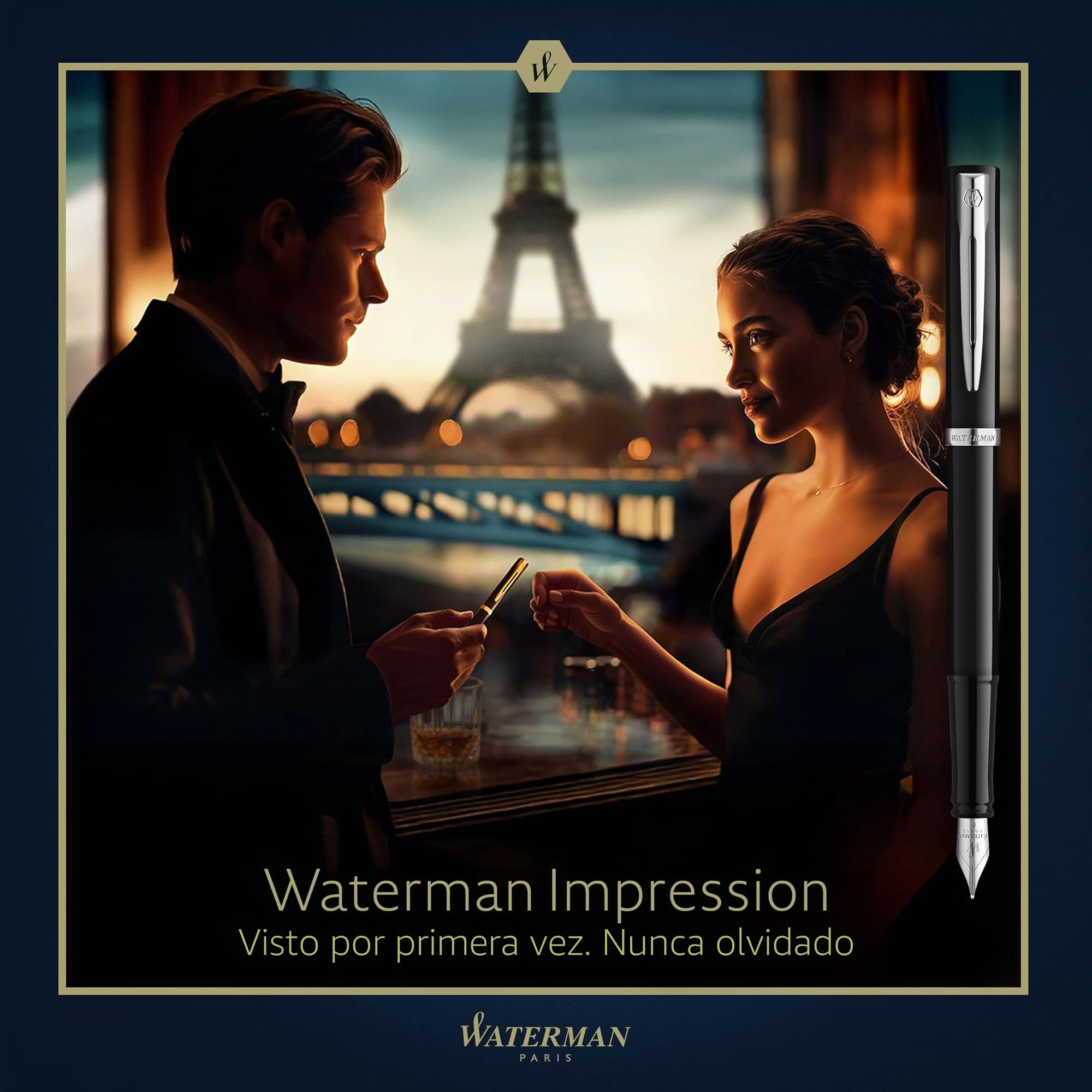 Waterman Impression Pluma estilográfica | Plumín medio con recarga de tinta azul | Laca negra con adornos chapados en paladio | Caja de regalo