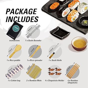 Sushi Making Kit 16 Pcs - Bazooka Maker with 2 Bamboo Mats and 4 Chopsticks with Bag, Paddle, Spreader, DIY Sushi Roller Machine for Beginners with Cook Book
