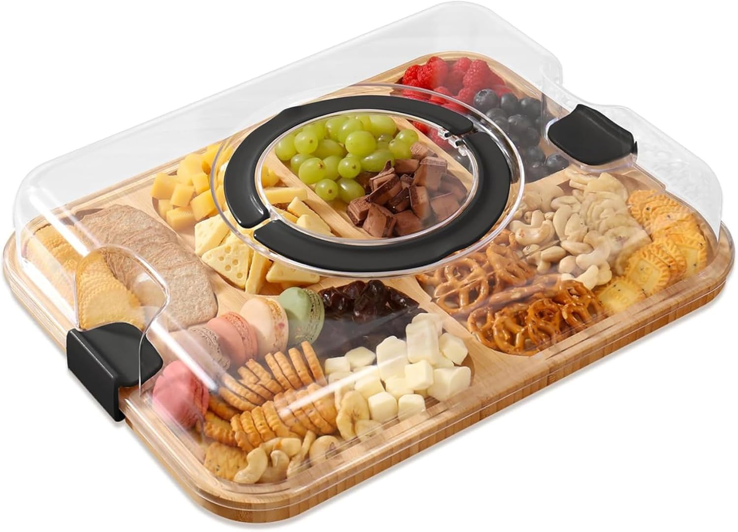 Charcuterie Board with Lid Bamboo Charcuterie Boards with Clear Lid Handles 6 Compartments Serving Tray for Kitchen Food Snack, Decoración del hogar