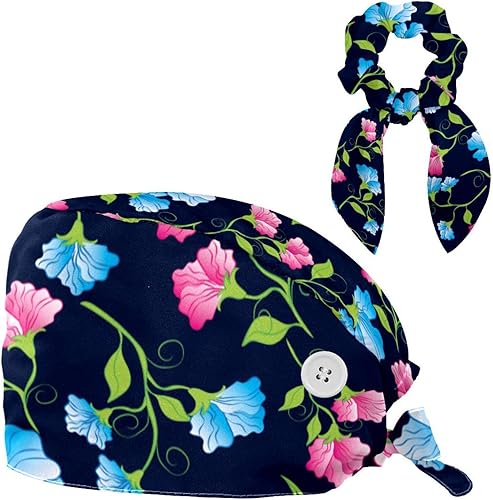 Working Caps with Button and Sweatband, Adjustable Working Hats with Bow Hair Scrunchy for Women Men, White Floral Flowers
