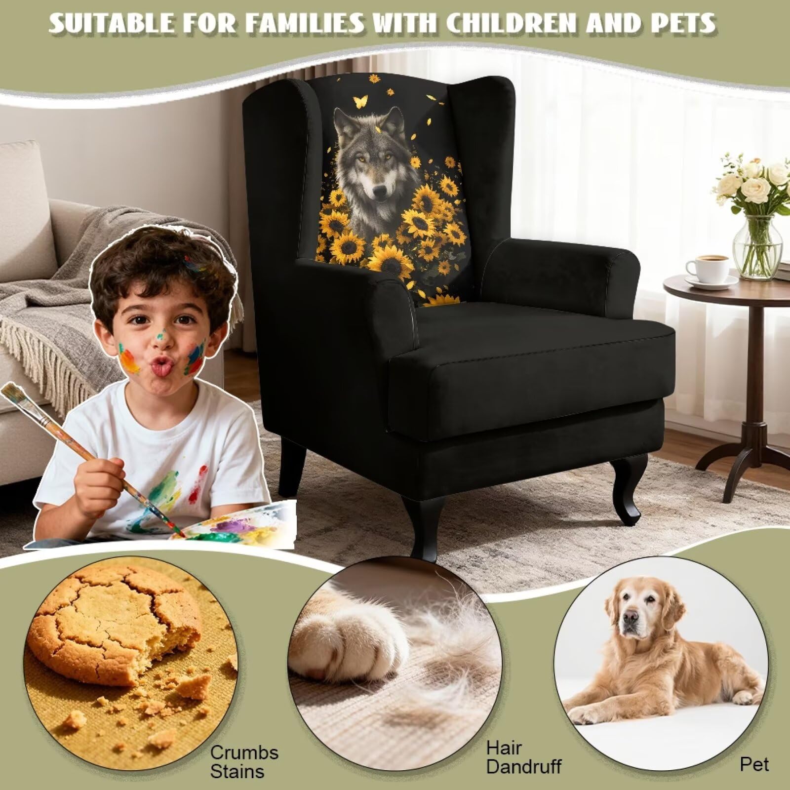 Xoenoiee Fundas elásticas para sillas de ala con estampado de girasol de lobo, 2 piezas, fundas lavables para sillones, protector de muebles antideslizante para sala de estar