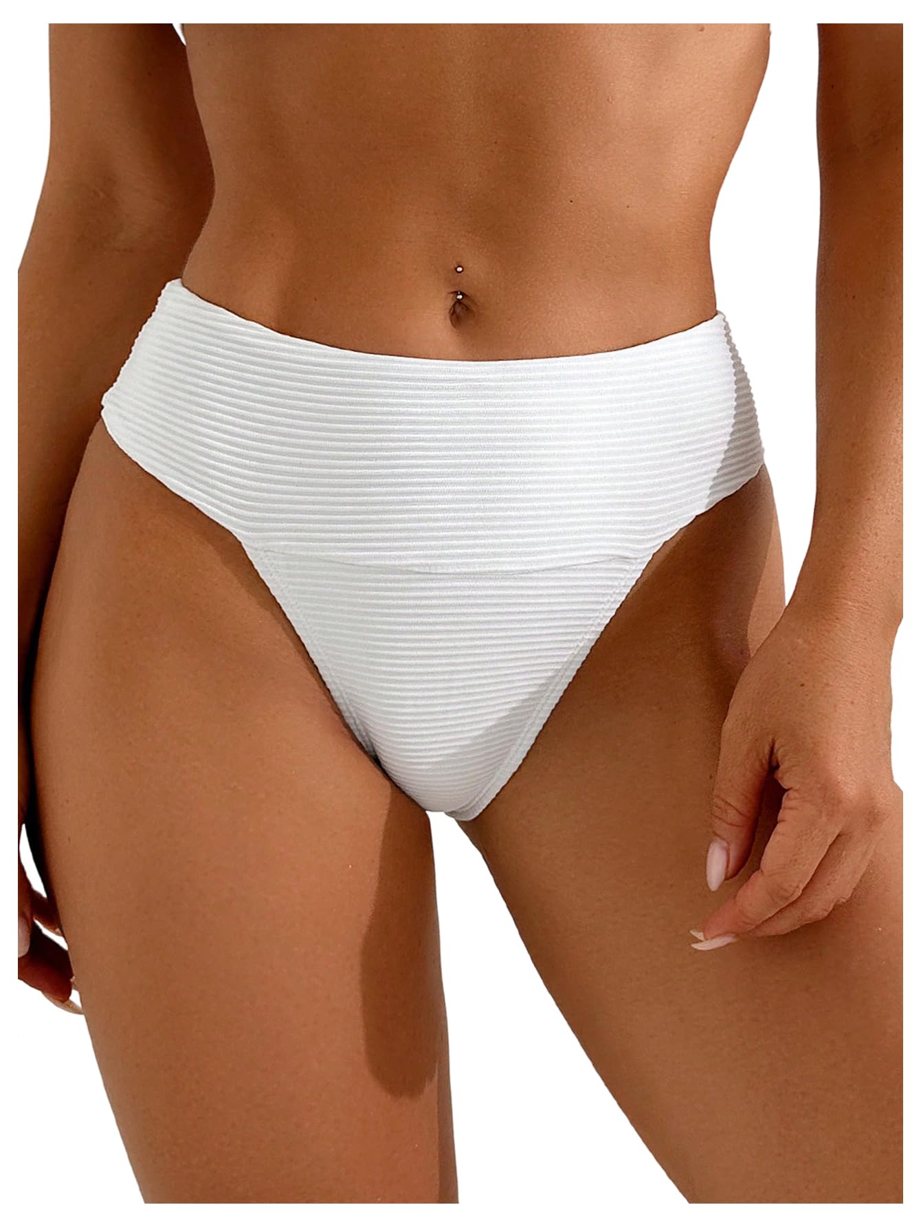 Photo 1 of OYOANGLE Women's Ribbed Knit Swimsuit Bikini Bottom High Waisted Hipster Booty Swim Briefs White Medium