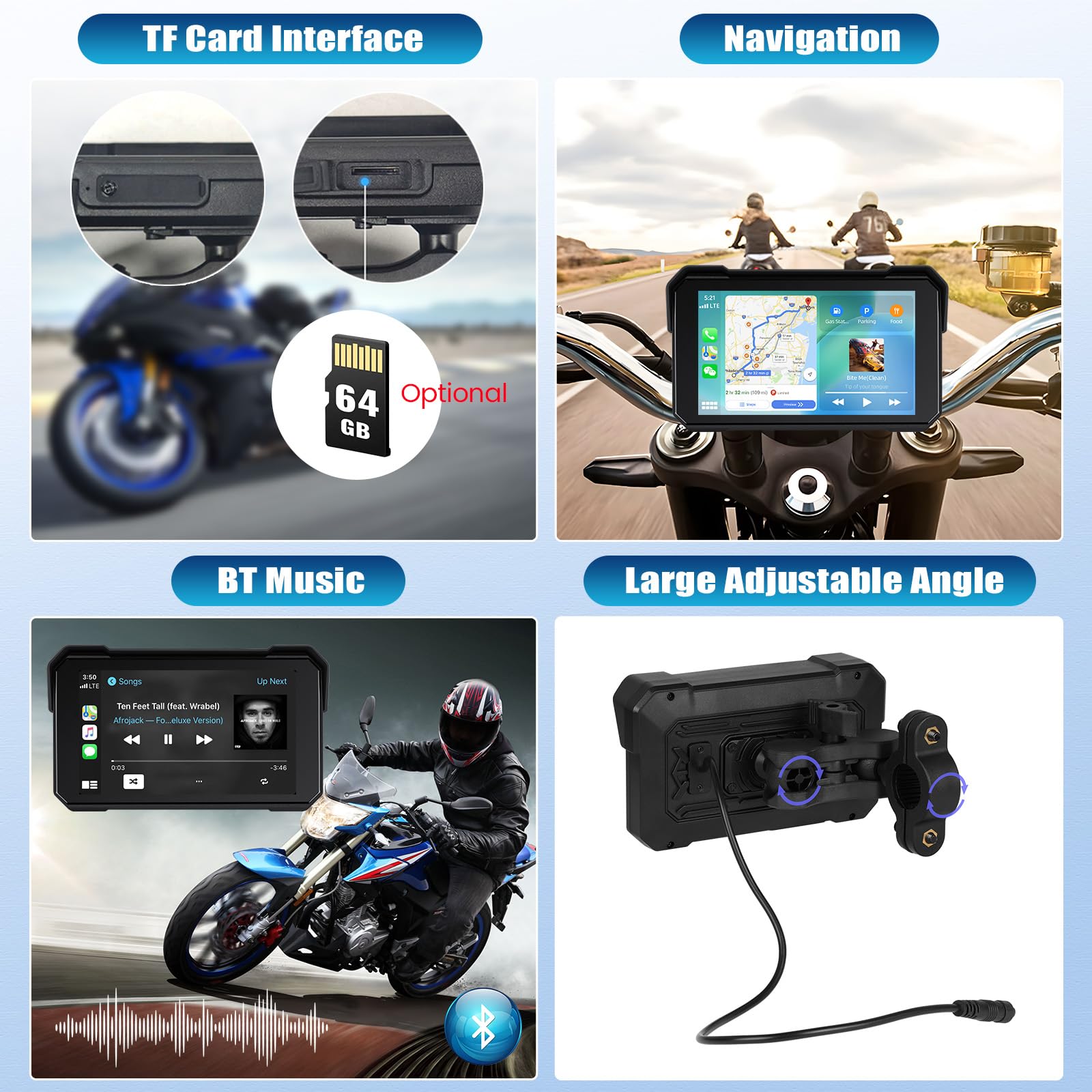 Motorrad Navigationssystem mit CarPlay Bildschirm, kabellosem CarPlay Android Auto, Tragbarem, Wasserdichtem 5 Zoll Touchscreen Motorrad Navigationssystem mit Bluetooth Siri
