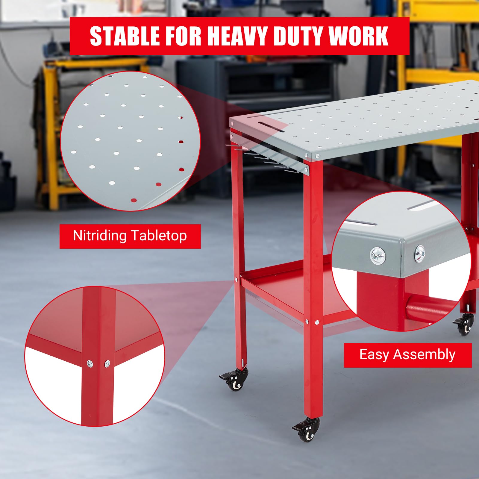 Garvee Mesa de soldadura de 91 x 46 cm, banco de trabajo portátil de acero de 36 x 18 pulgadas, capacidad de 544 kg, banco de trabajo de metal con 4 ruedas bloqueables, bandeja de herramientas, 8