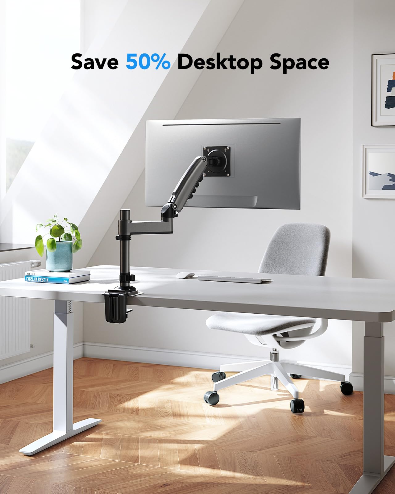 HUANUO Soporte de Monitor único – Gas Spring Single Arm Monitor Desk Mount Fit 17 to 32 Inch Screens, Altura Ajustable VESA Bracket with Clamp, Grommet Mounting Base, Hold up to 19.8lbs