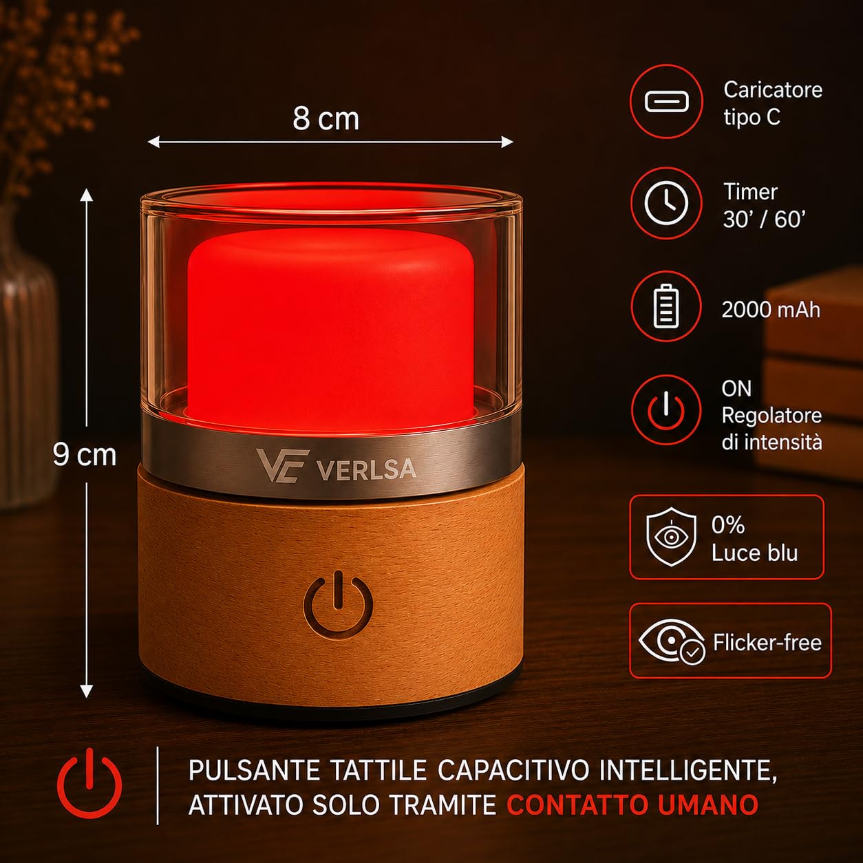 Lampada Luce Melatonina 625nm, 0% luce blu, Flicker-Free, Luce Notturna Neonato/Adulti, dimmerabile, portatile, batteria da 2000 mAh, Bilancia Il Ritmo Circadiano