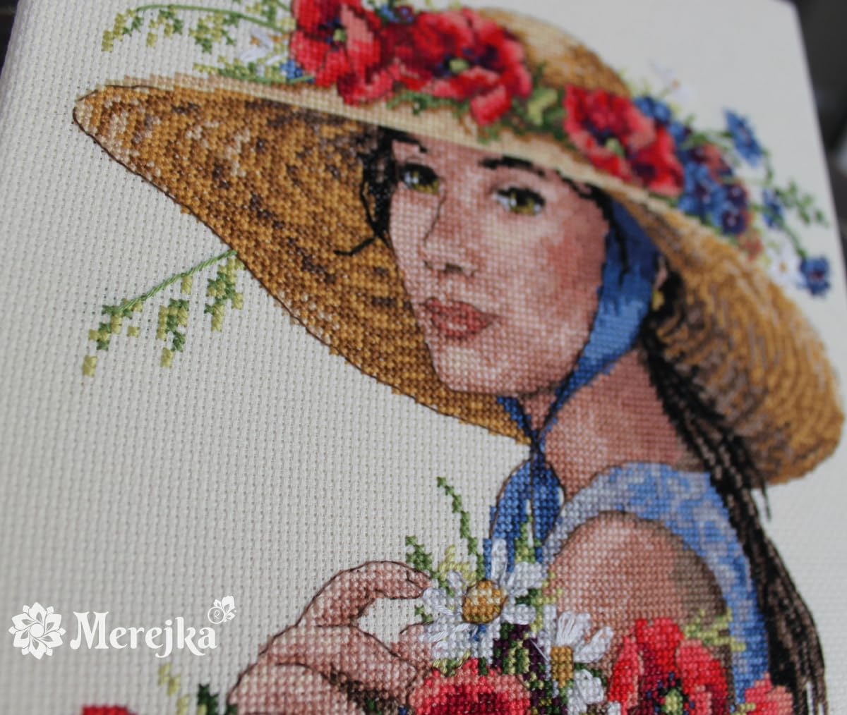 Merejka Kit de broderie au point de croix avec chapeau de fleur, Loisir Créatif Adulte, Kit Activité Manuelle