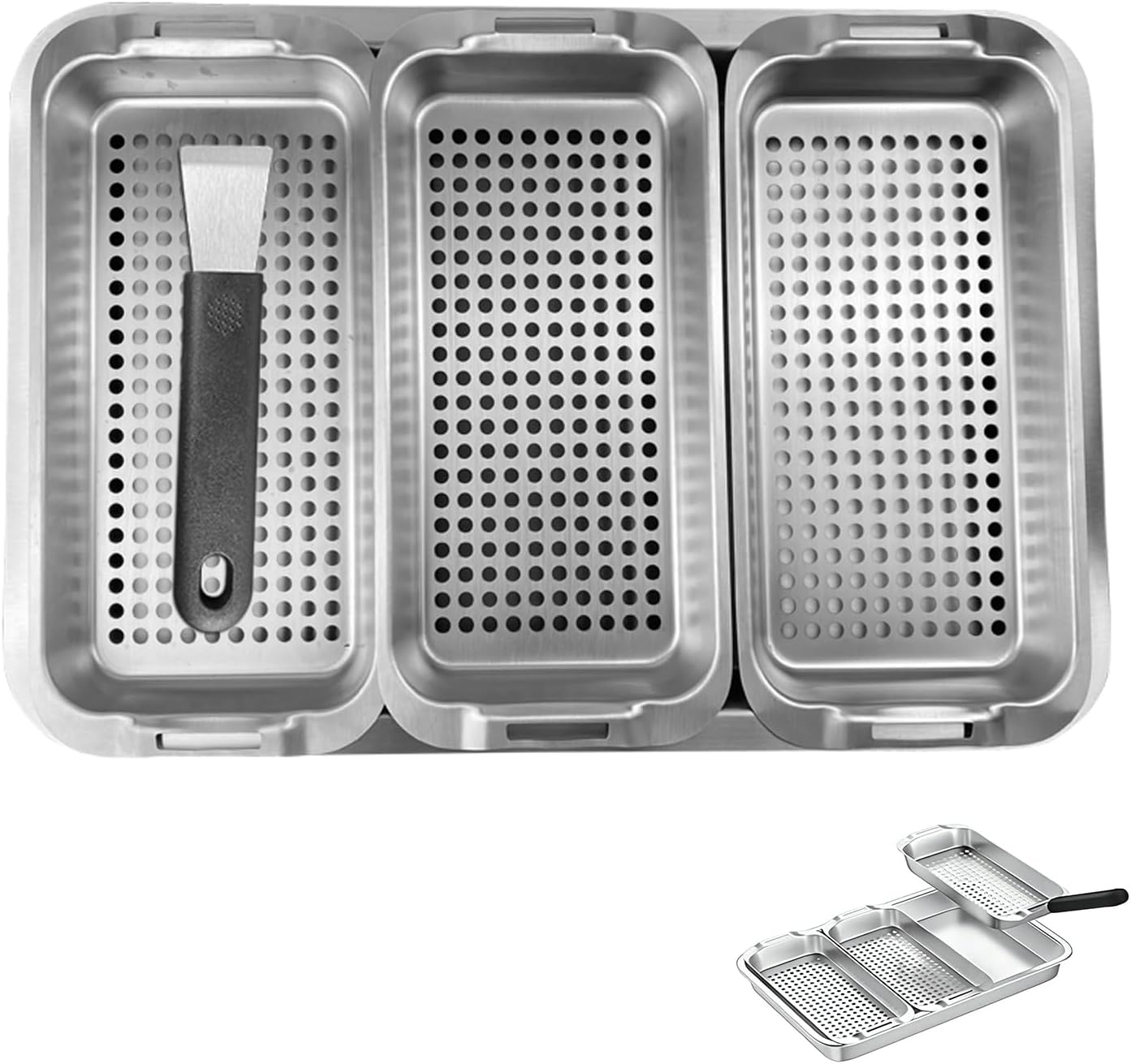 Grill Pans for Outdoor Grill-3 Grilling Baskets|Serving Tray| Clip-on Handle.BBQ Serving Platters with Holes for Grill Fish,Vegetable,Meat and Prep Food Veggie