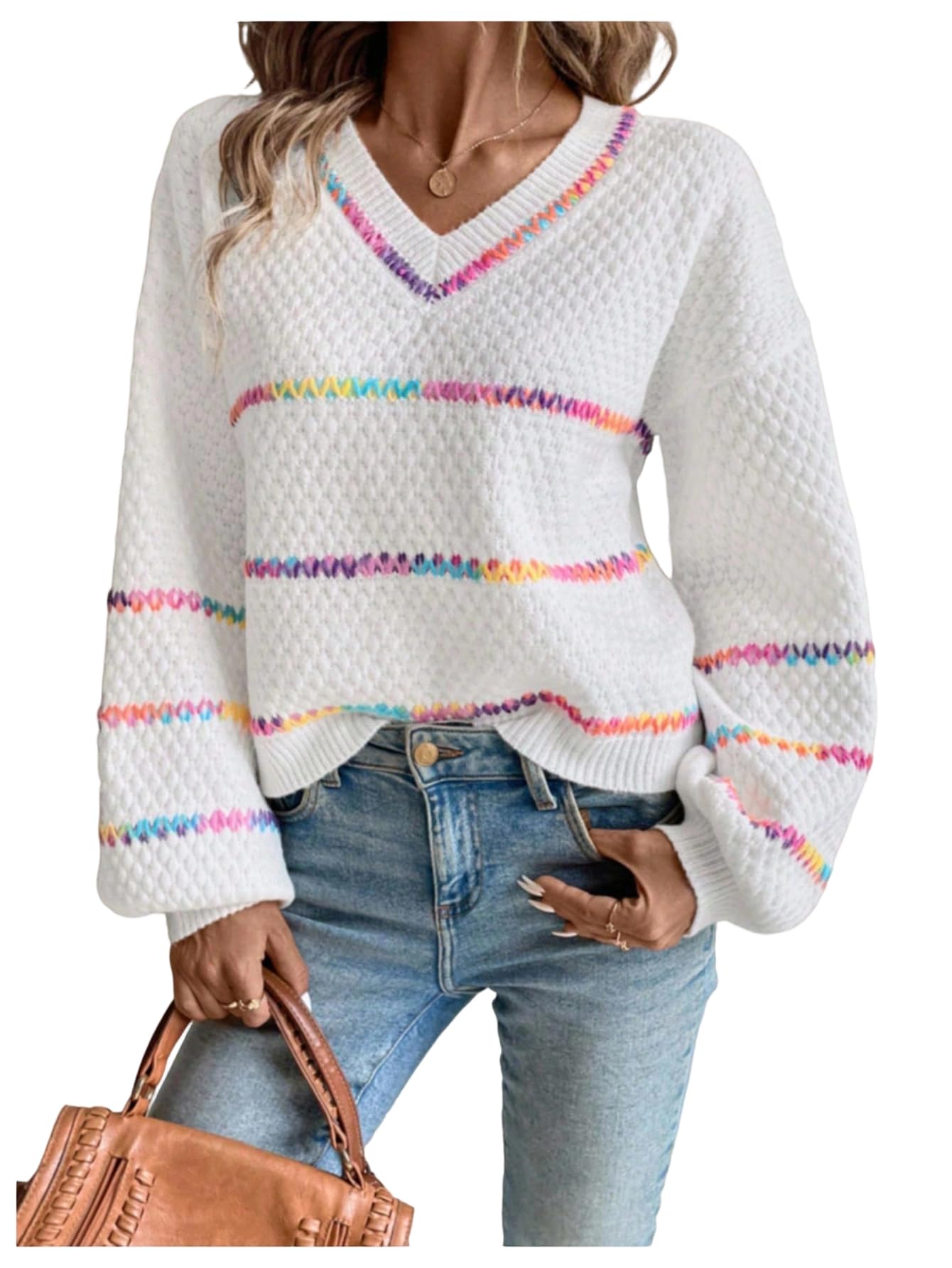 SOLY HUX Womens Striped Sweater V Neck Long Sleeve Pullover Fall Casual Jumper Tops