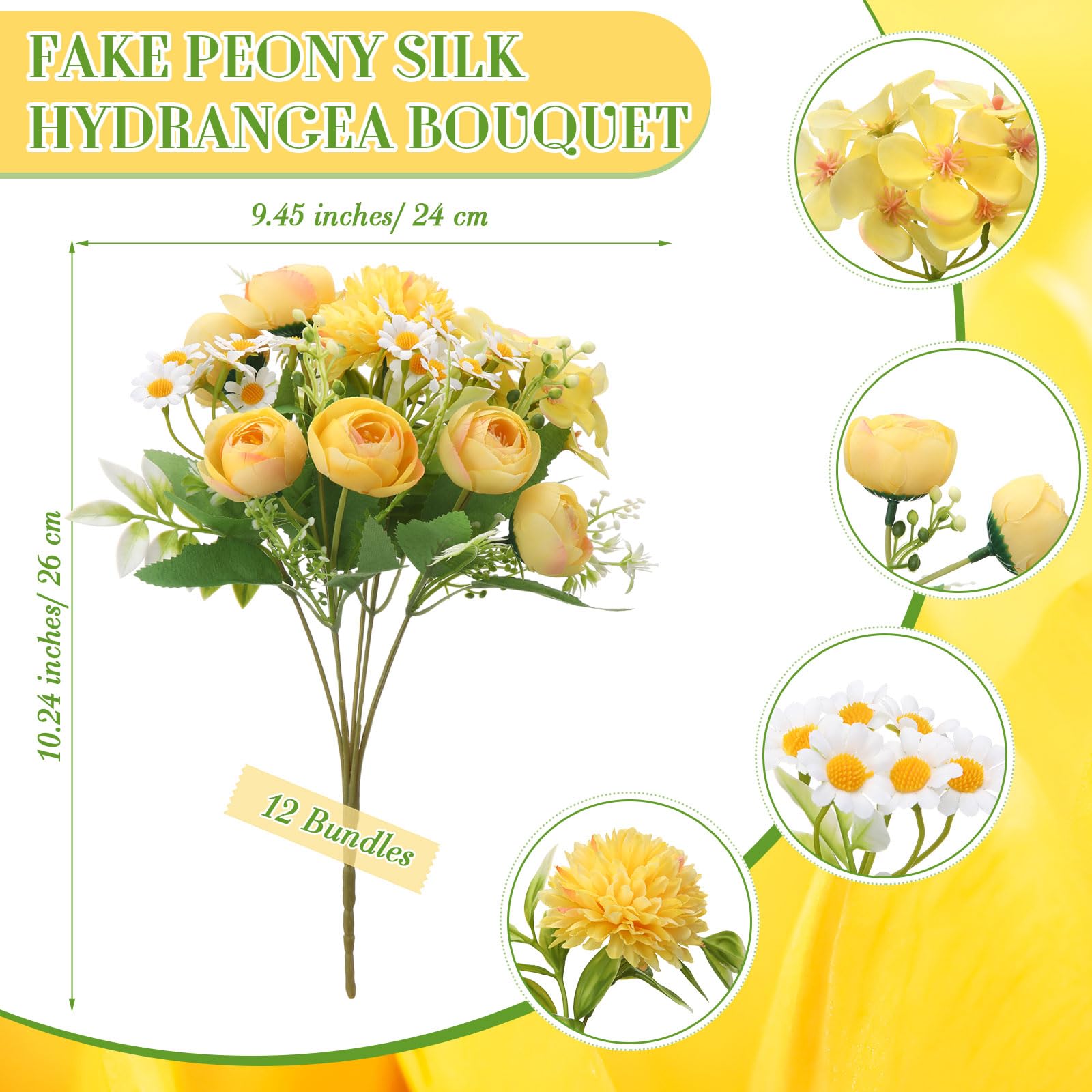 Tigeen Lot de 12 pivoines artificielles Jaune clair