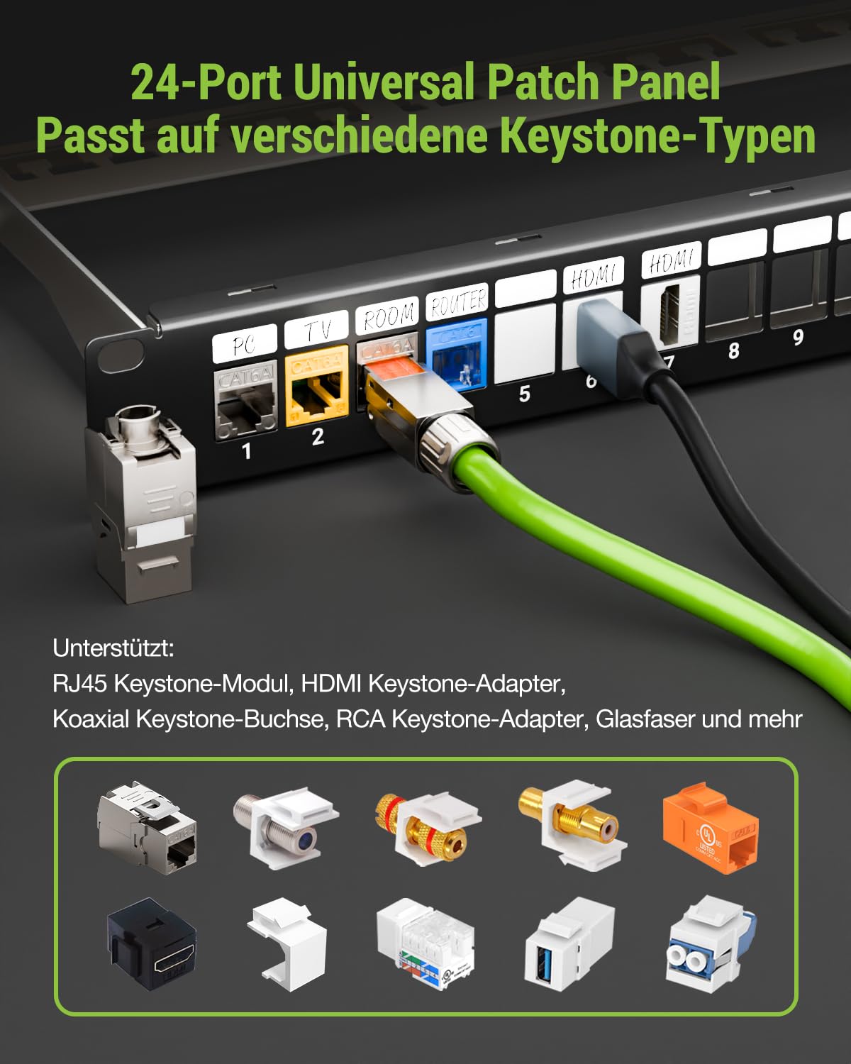 Geschirmtes 24 Port CAT6A Patchpanel mit 24 x Cat6A Keystone Jack | 10 Gbit/s 500MHz, Vergoldet Keystone Patchpanel 19 Zoll patchpanel mit EMI/RFI-Schutz und Kabelmanagement-Kit