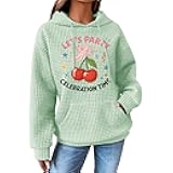 Womens Classic Waffle Knit Hoodie Green Fashion Floral Print Pullover Long Sleeve Sweatshirt Loose Outfit For Fall