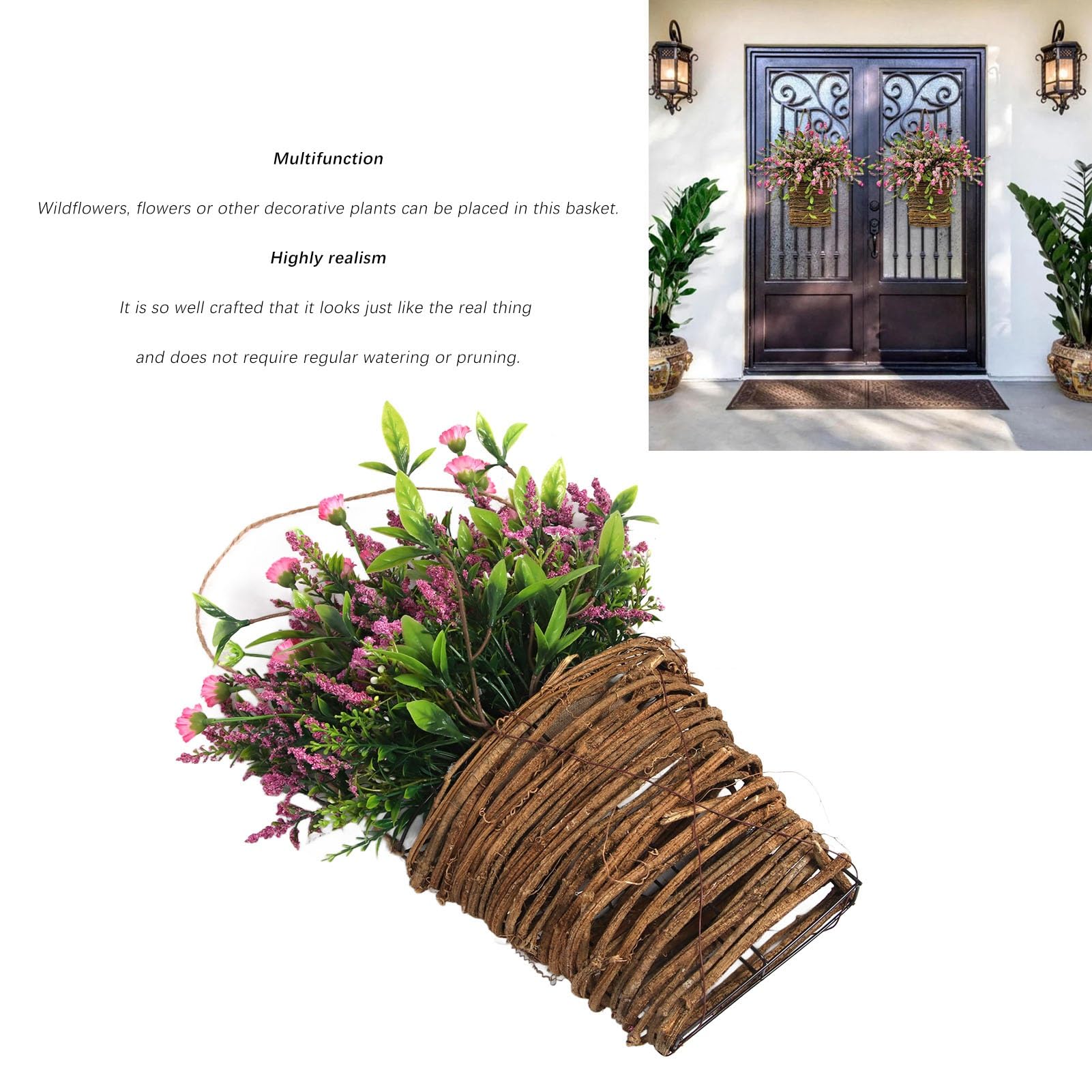 Berry Door Hanger Basket, Spring Wreath Wildflower Hanging Basket Front Door Decoration Artificial Wreath Welcome Sign for Home