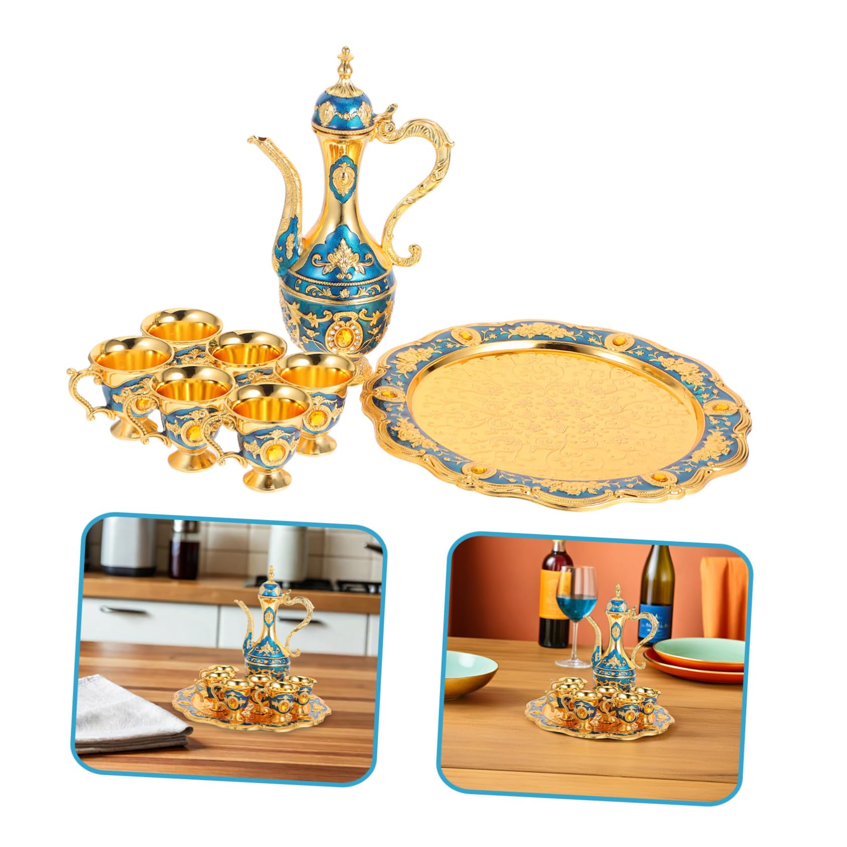 MAGICLULU Bicchieri da Vino in Metallo Antico con Vassoio Calici Incisi Stile Palazzo Retrò Dorate per Degustazioni ed Eleganti