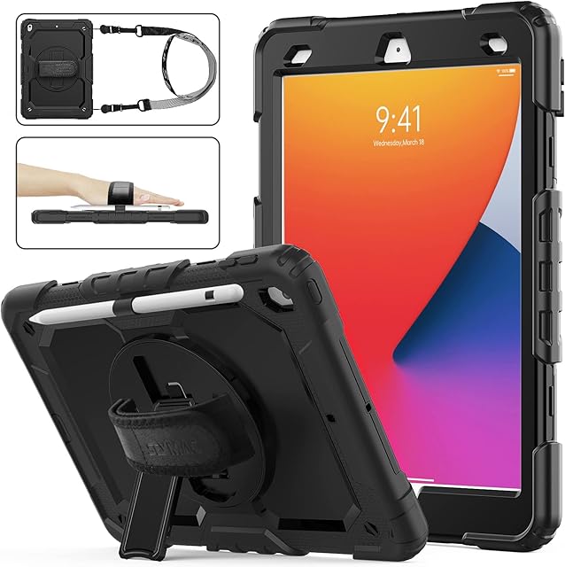 SEYMAC stock iPad 9th/8th/7th Generation Case, iPad 10.2 Case, Heavy Duty Shockproof Case with Screen Protector Pencil Holder [360 Rotating Hand Strap]& Stand for iPad 10.2 Inch 2021/2020/2019 (Black)