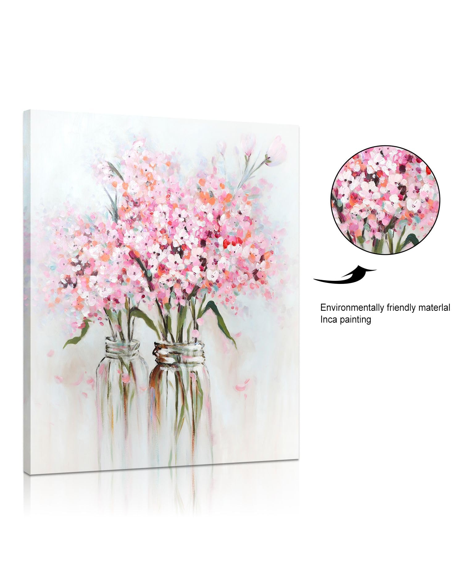 YPY Abstract Bouquet Canvas Wall Art: Pink Flower in Vase Artwork Hand Painted Oil Painting for Teen Girl Bedroom Floral Picture Poster for Living Room Decor 24