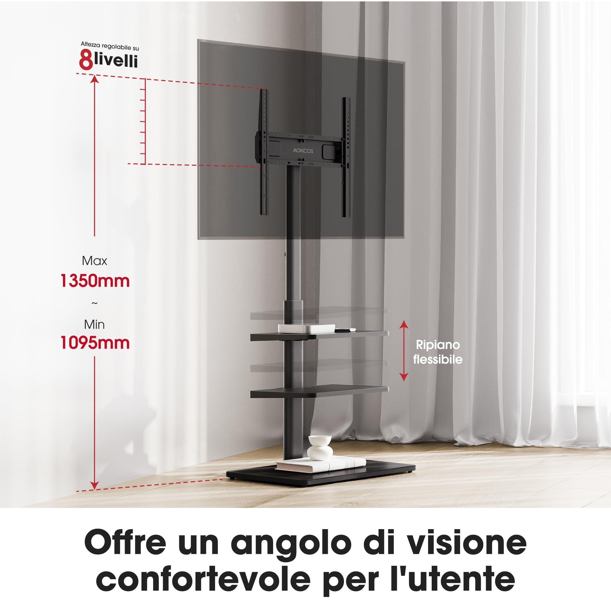 AOKCOS Supporto TV da Pavimento Inclinabile per 32-70 Pollici, Girevole Altezza Regolazione Porta TV da Terra con 2 Mensola, Max VESA 400x400mm 40kg