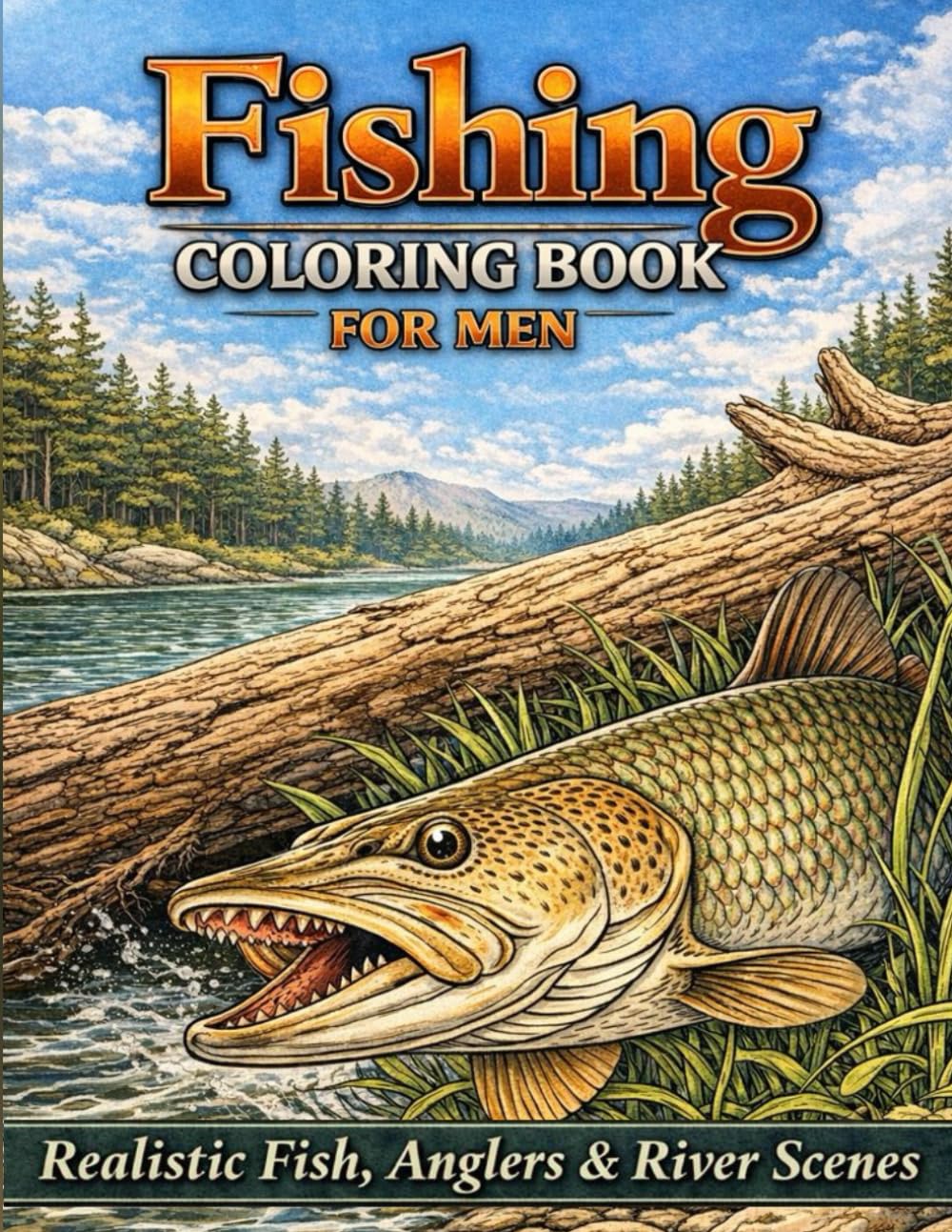 Fishing Coloring Book for Men Realistic Fish, Anglers & River Scenes: An Adult Coloring Book with 60+ Detailed Fishing Illustrations, Rivers, Lakes & Nature Scenes