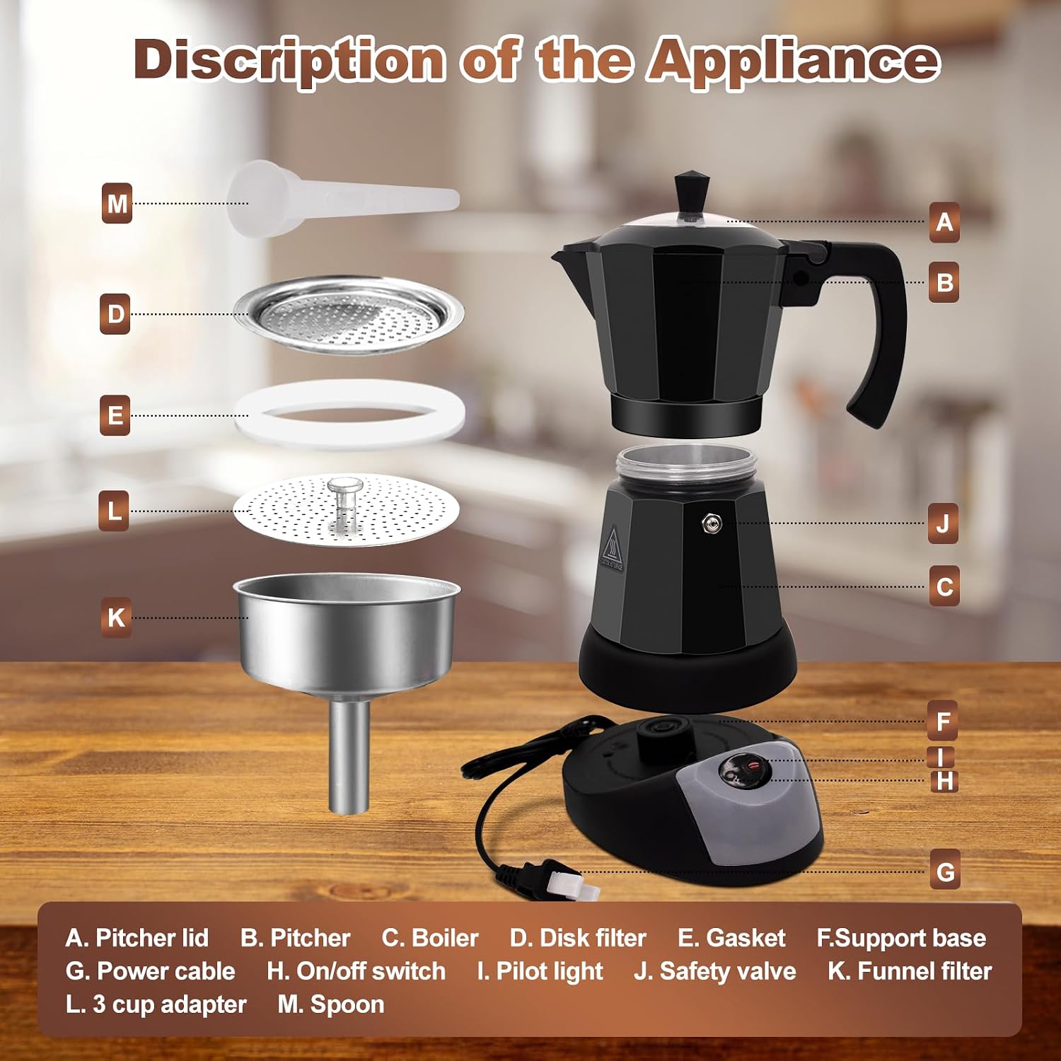 Electric Aluminum Moka Pot 3-6 Cup 150-270ml Espresso Maker with Detachable Base Ideal Coffee Makers for Home MochaPot Italian and Cuban Café Coffeemaker Espressomaker CoffeePot Black