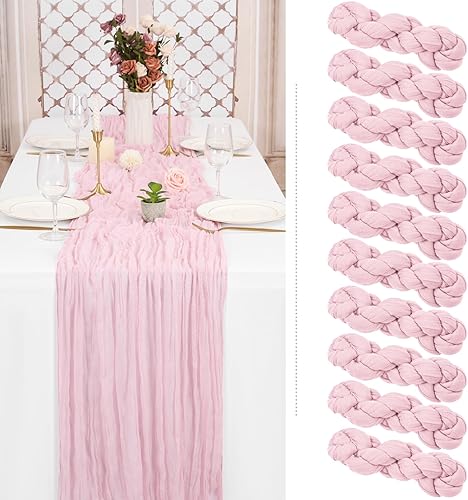 Showgeous 10 Pack Baby Pink Cheesecloth Table Runner 10FT Long Semi-Sheer Gauze Table Runner Boho or Rustic Wedding Decor for Wedding Decor Arch