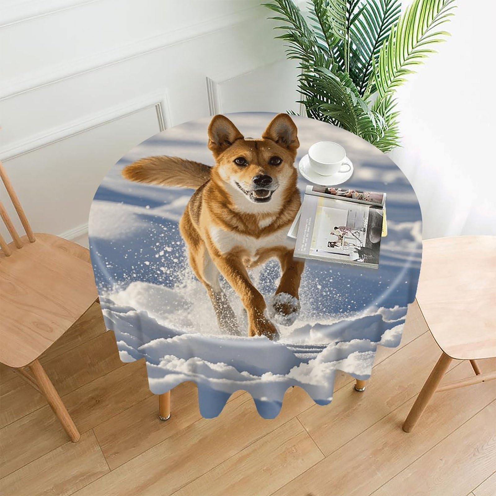 LZQPOEAS Dog Chasing in The Snow Tablecloth Decorative Round Table Cloth Wrinkle Resistant Round Tablecloth Washable Circle Table Cover for Kitchen Dining Party Wedding Camping 60 Inch