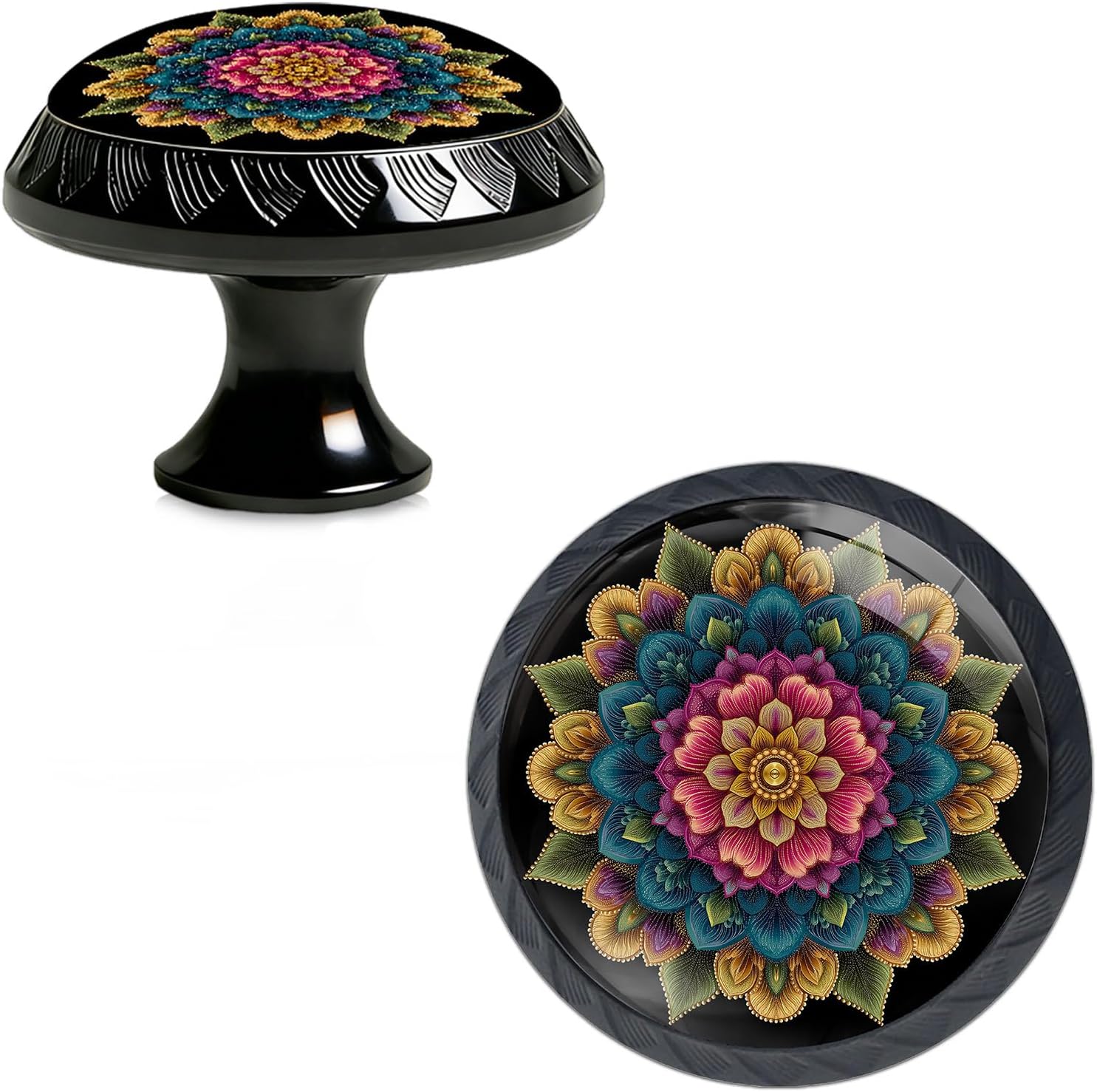 Yiruhe 4 Pack Bold Mandala Art Design Kitchen Cabinet Knobs Acrylic Round Drawer Pulls for Dresser Cupboard Door Handles