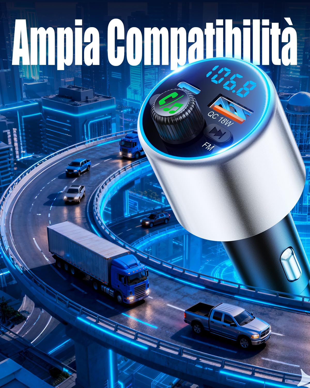 EOIWUY Aggiornato Trasmettitore FM Bluetooth 5.3 per Auto, [Ricarica Rapida] Bluetooth Auto con PD36W & QC3.0, [Suono Hi-Fi Nitido & Potente] Amplificatori Mono Adattatore Bluetooth Accendisigari Car