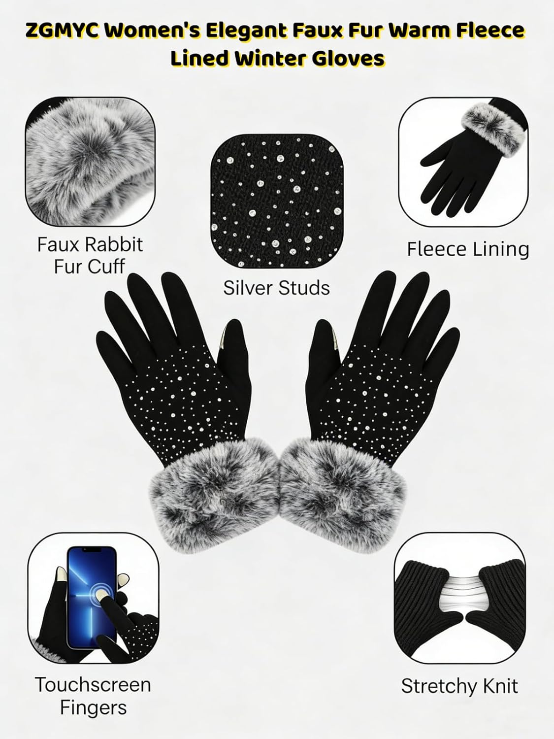 Women Touchscreen Fleece Lined Winter Gloves Luxurious Rhinestones Mittens with Rabbit Fur Cuffs - Image 5
