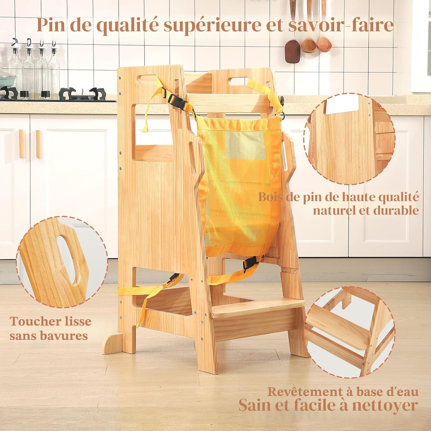 Tour d'apprentissage pour Enfants avec Filet de Sécurité, Marchepied de Cuisine Réglable 3 Niveaux, Chaise Montessori