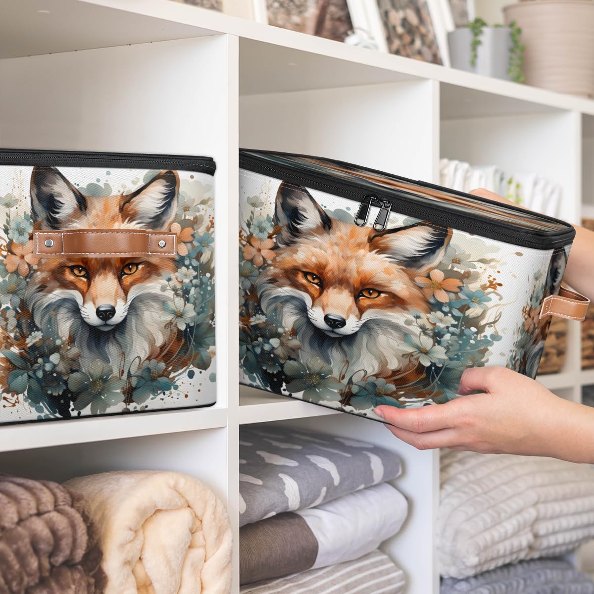 Storage Bin Set of 2 Retro Fox Storage Basket with Zipper Lid & Handle Foldable Closet Shelf 2 Pack Cloth Organizer Basket Cube Bins Clothes Organizer for Bedroom, Nursery