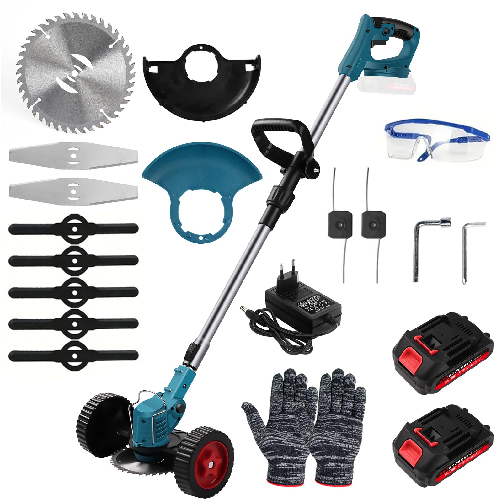 Desbrozadora eléctrica con 2 baterías, compatible con baterías de 21 V, motor sin escobillas, cortadora de césped manual, para cortar bordes