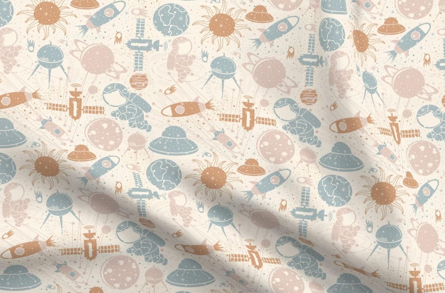 Spoonflower Fabric - Space Outer Rocket Planet Astronaut Sun Moon Stars Galaxy UFO Station Printed on Petal Signature Cotton Fabric Fat Quarter - Sewing Quilting Apparel Crafts Decor