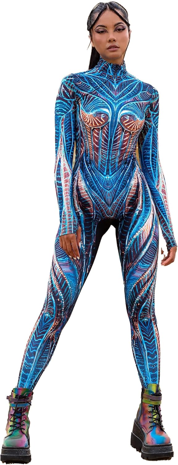 Futuristic Blue Muscle Pattern Bodysuit Women Halloween Sci-Fi Costume Cosplay Party Jumpsuit