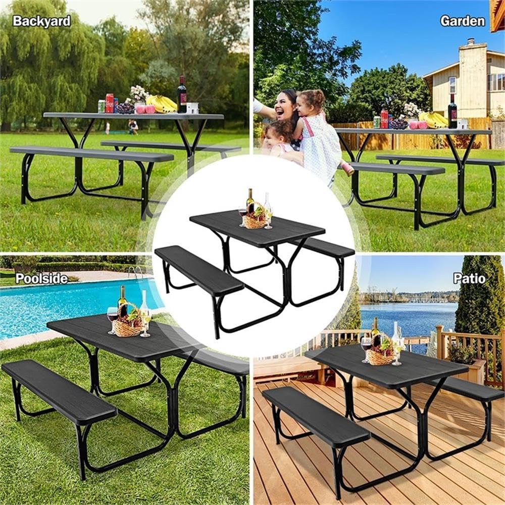 Pemberly Row Outdoor Picnic Table Bench Set, HDPE with Powder-Coated Steel Frame, Black Wood-Grain Finish, UV-Protected Weather-Resistant Design, Garden or Backyard Dining Furniture