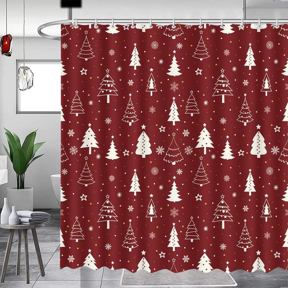 MEHOFOND Christmas Shower Curtain Christmas Tree Shower Curtains for Bathroom Red