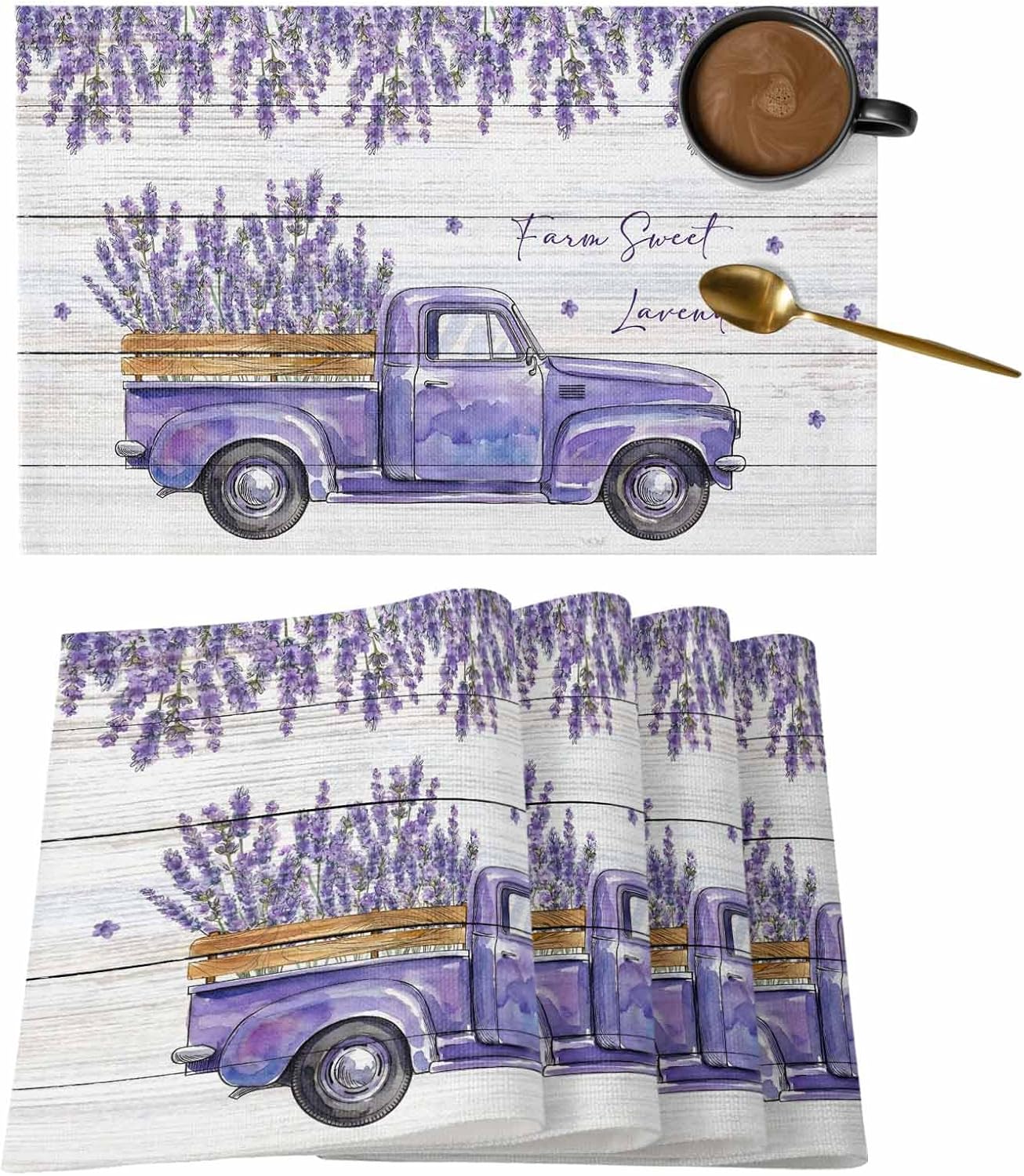 Lavender Purple Placemats for Dining Table Set of 4 Spring Lavender Flowers Purple Truck Table Mats Stain Resistant Heat Insulation Non-Slip Washable Table Decoration for Kitchen Farmhouse Style