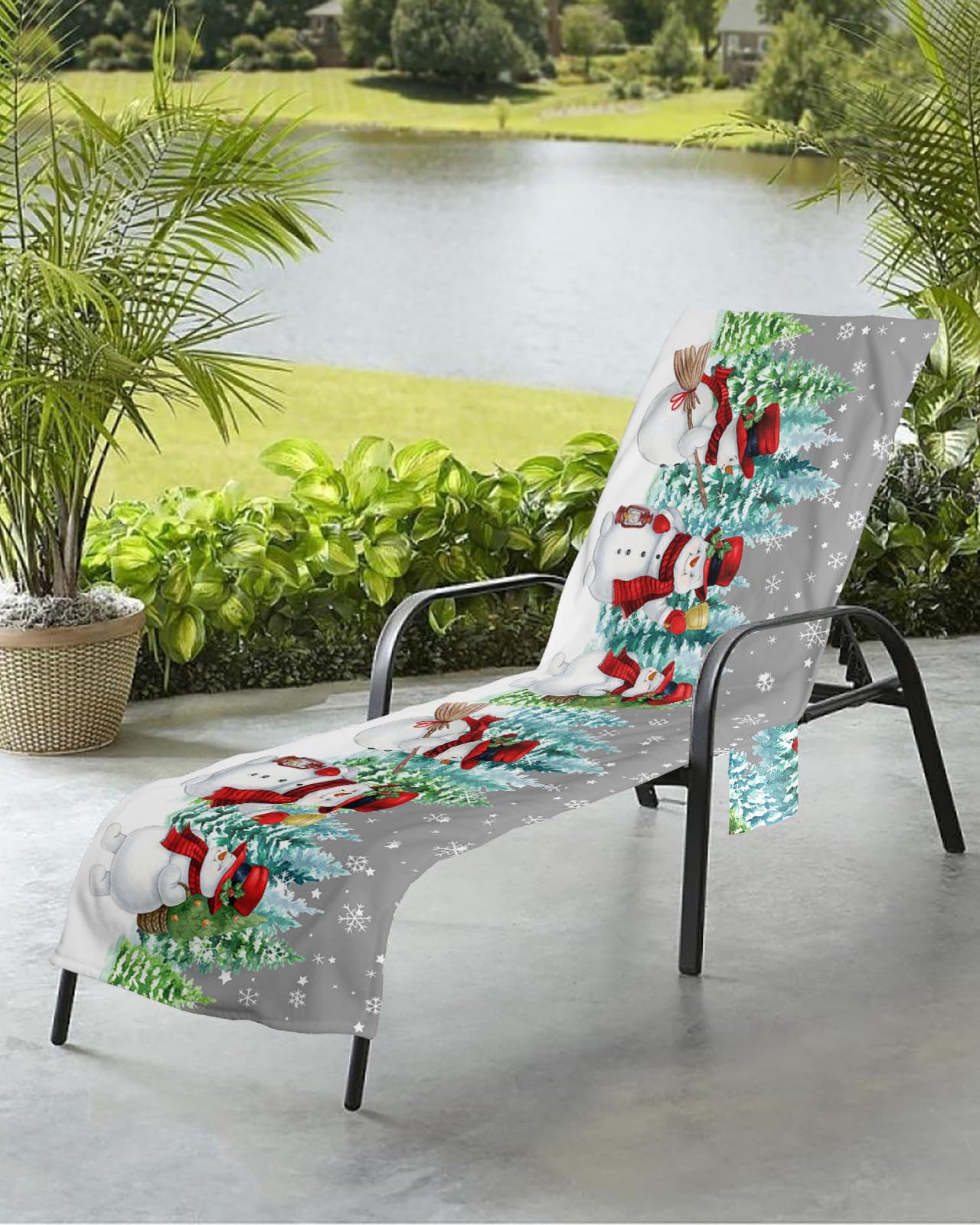 Funny Snoman Beach Chair Towel Covers for Chaise Lounge with Side Pocket, Soft Plush Pool Towels Cover for Patio Sunbathing Outdoor 29''x85'' Christmas Snowflake Tree Grey Red