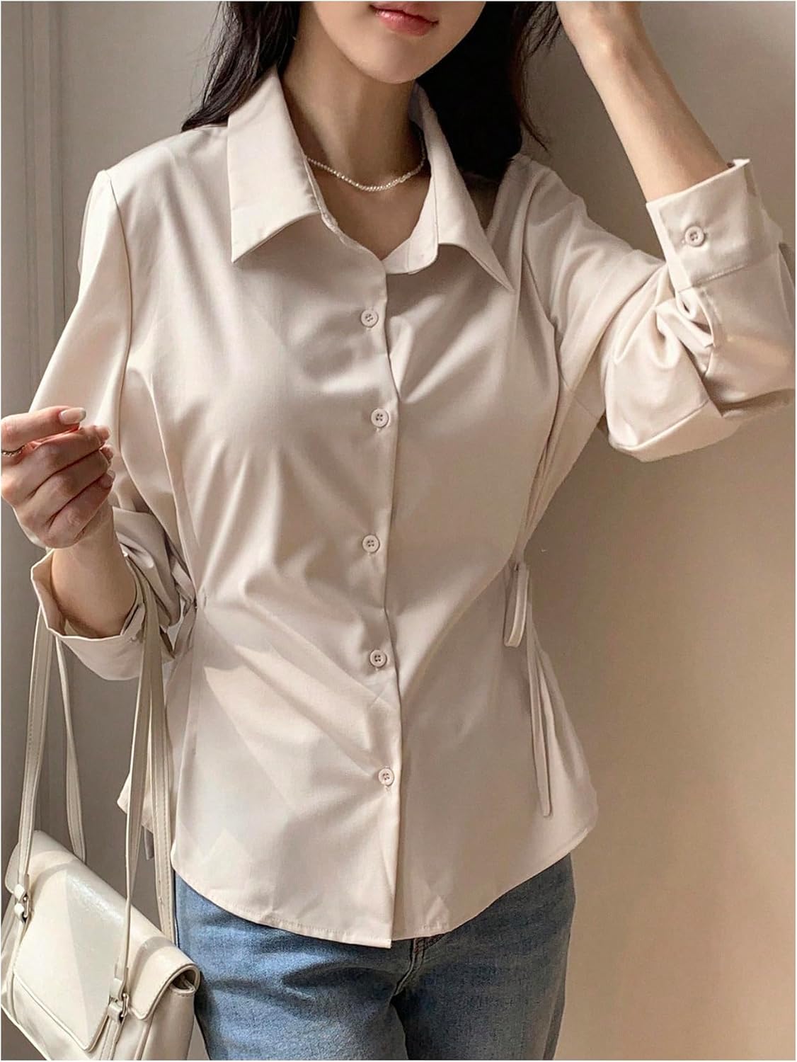 SweatyRocks Women's Button Down Long Sleeve Blouse Side Drawstring Shirt Work Business Tops - Image 3