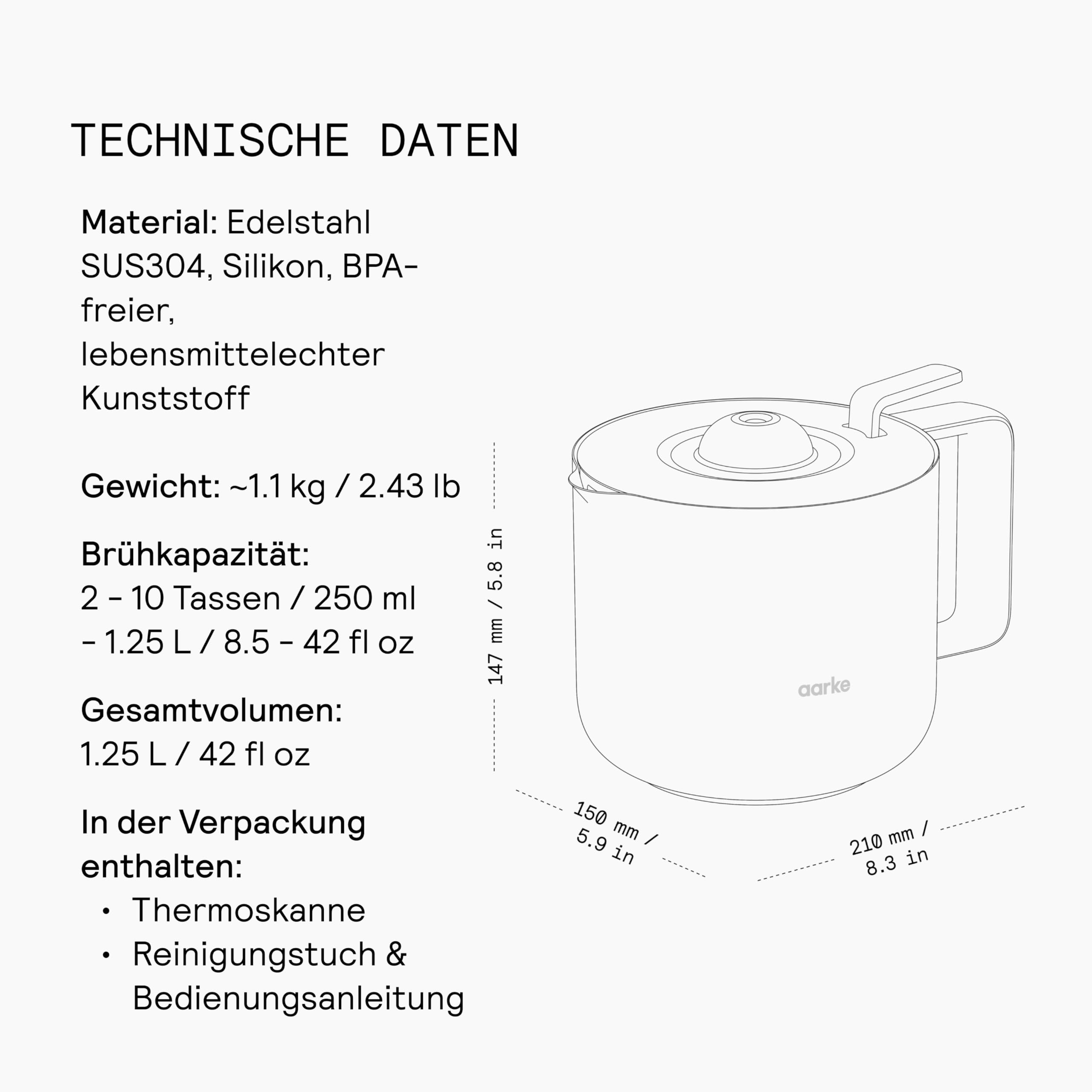 aarke Isolierkanne – Thermokaraffe aus Edelstahl, doppelwandige Konstruktion, kompatibel Kaffeemaschine, 10 Tassen Fassungsvermögen 1.25L