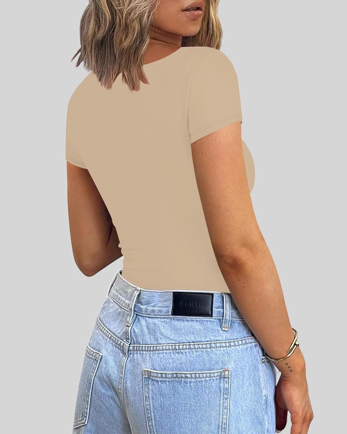 Chunpin Women's Sexy Sweetheart Neckline Bodysuit Tops Short Sleeve Double Lined Thong Bodysuit Outfits Nude M - Image 5