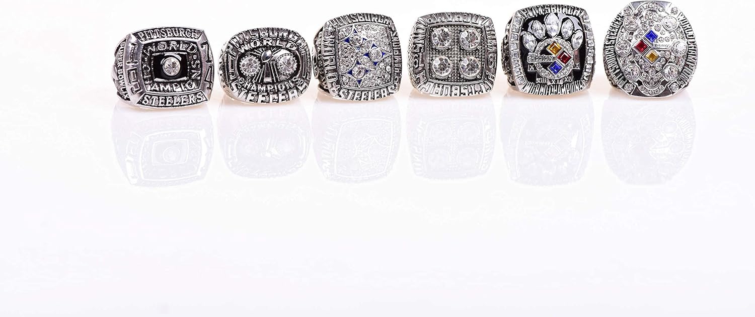 SILVER STYLE GIFT SET PITTSBURGH RUGBY 1974-75 1978-79 2005 2008 6-TIMES WORLD CHAMPIONSHIP RING, 6 RINGS SET WITH 6-HOLE WOODEN DISPLAY BOX PACKAGING, HOLIDAY GIFT FOR BASEBALL FANS