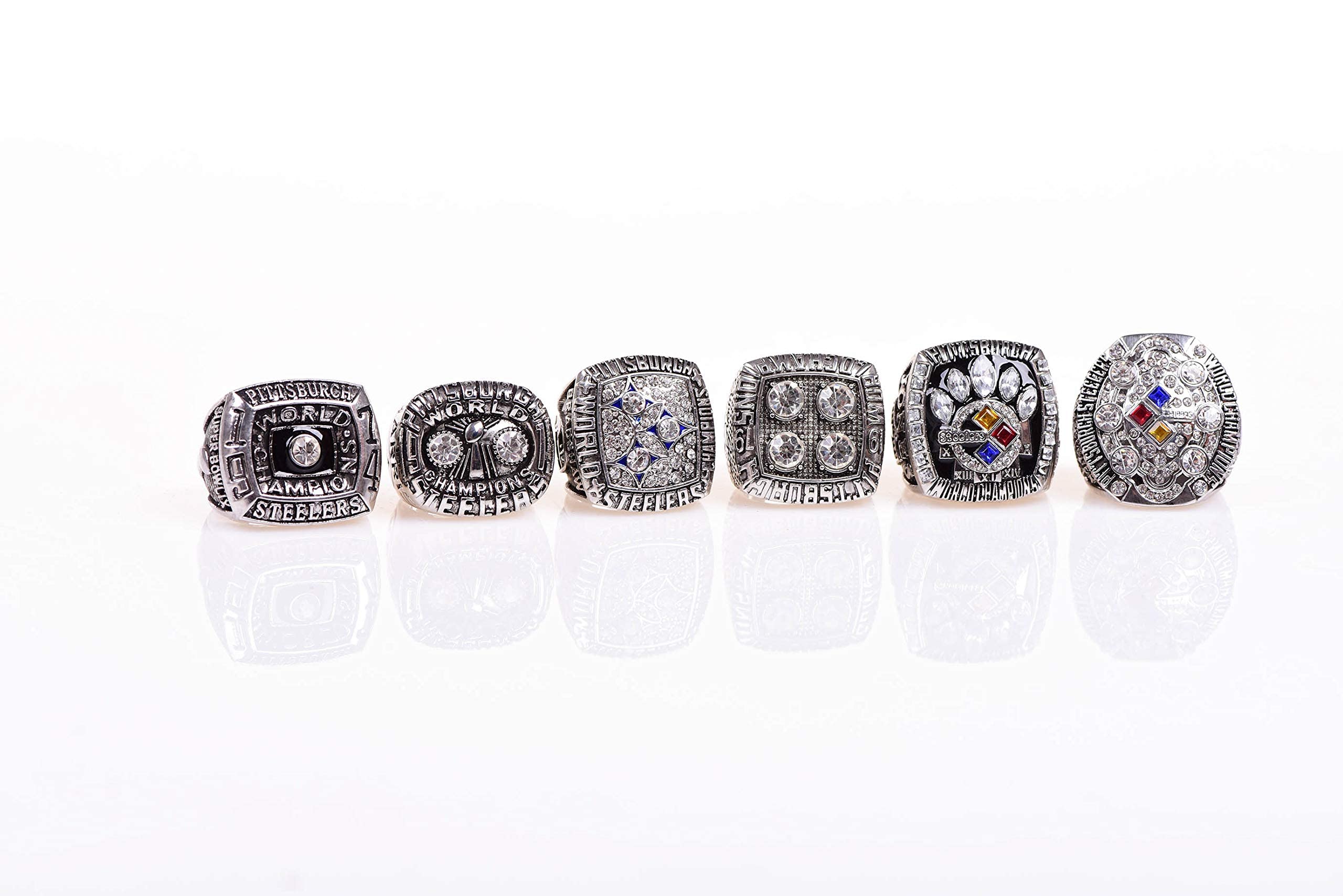 SILVER STYLE GIFT SET PITTSBURGH RUGBY 1974-75 1978-79 2005 2008 6-TIMES WORLD CHAMPIONSHIP RING, 6 RINGS SET WITH 6-HOLE WOODEN DISPLAY BOX PACKAGING, HOLIDAY GIFT FOR BASEBALL FANS