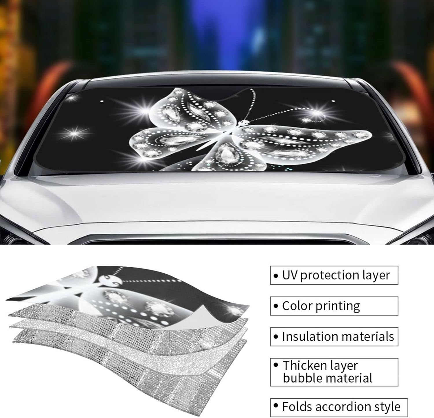 Crystal Butterfly Windshield Sun Shade Front Protector Folding Car Sun Visor Blocks Uv Rays Keeps Your Vehicle Cool