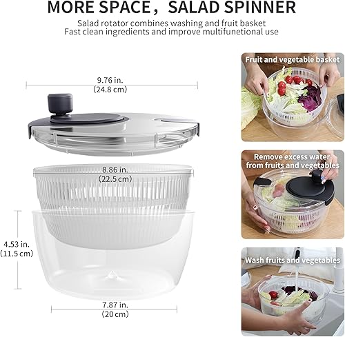 Miniatura 7 de Molinillo de ensalada grande, cuenco de lavado de frutas con colador, giratorio de lechuga de uso rápido y fácil, lavadora de frutas y verduras,