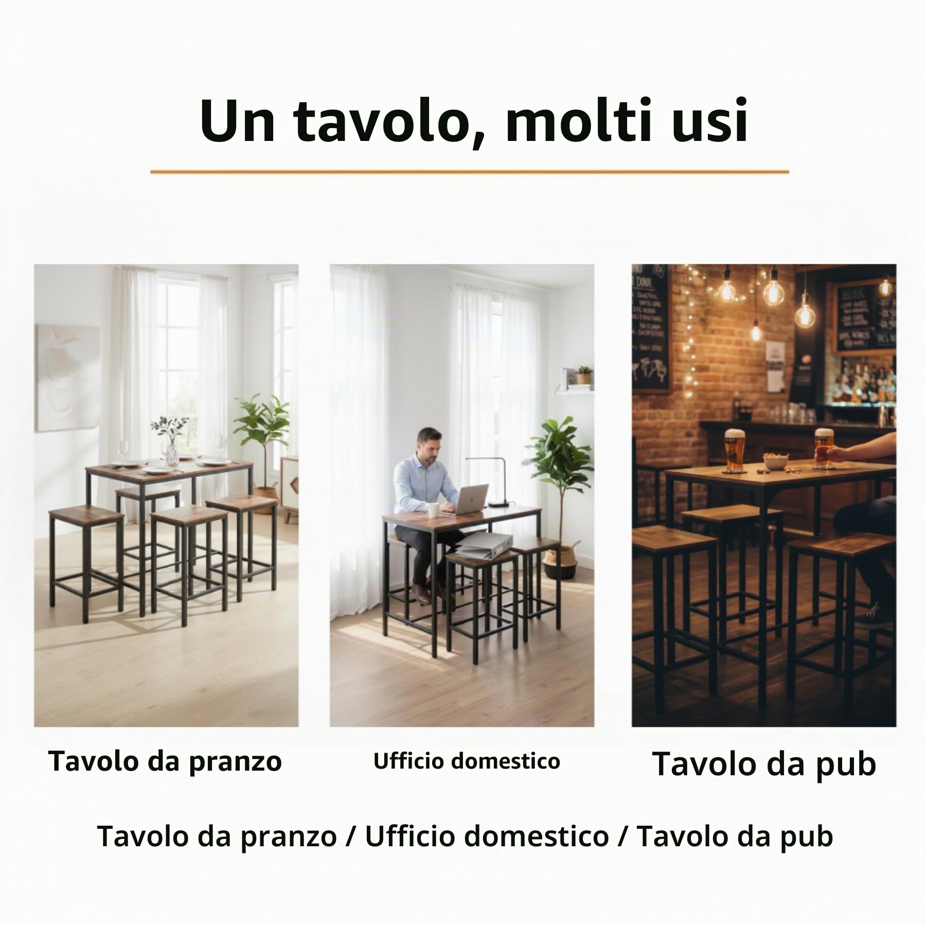 Tavolo Bar con 4 Sgabelli, Set Tavolo Alto Cucina 5 Pezzi, Tavolo da Bar 100 × 60 × 90 cm, Sgabelli 30 × 40 × 65 cm, Struttura in Metallo e MDF, Stile Industriale Vintage(Vinatura del legno vintage)