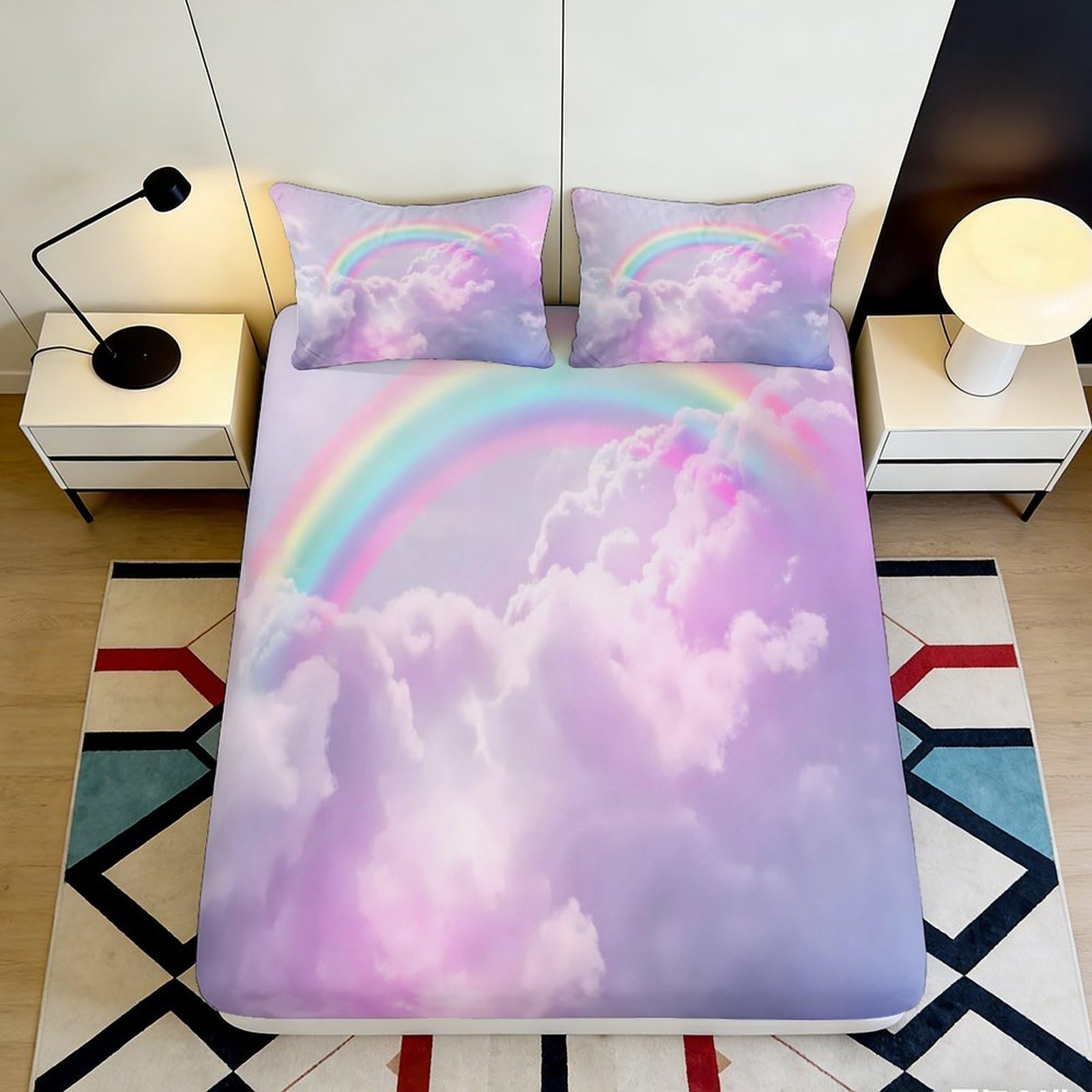 3D Printed Rainbow Clouds Fitted Sheet Microfiber Soft Breathable Pastel Sky Bed Cover for Bedroom Dormitory Guest Room Mattress Protection Decor 180x200x25cm